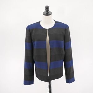 Tahari Arthur S. Levine Polyester Suit Jacket Clasp Closure Gray Blue Striped 14